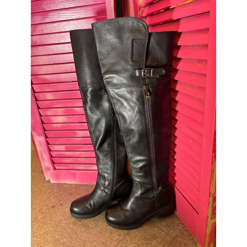 Tata Black Leather Over The Knee Boots Buckle Detail Low Block Heel Tall Boots